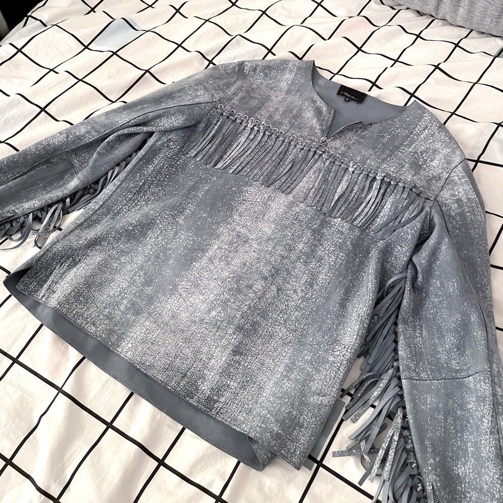 Phillip Lim blue leather fringe top